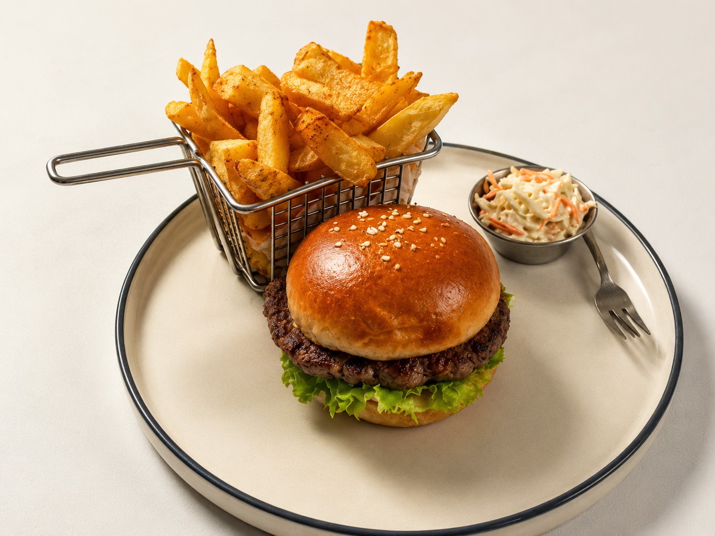 WO Coffee burger ve patates sunumu